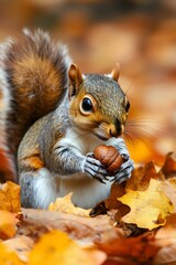 Obraz premium A playful squirrel holds an acorn amidst vibrant autumn leaves, showcasing nature's beauty and wildlife charm.
