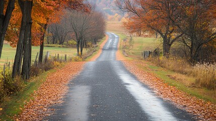 Obraz premium A serene autumn road surrounded by colorful trees, covered in fallen leaves, evoking a peaceful outdoor journey.