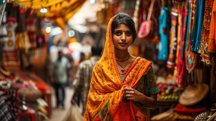 Fototapeta premium Indian woman in a colorful dupatta, walking through a bustling street market, exploring and shoppin