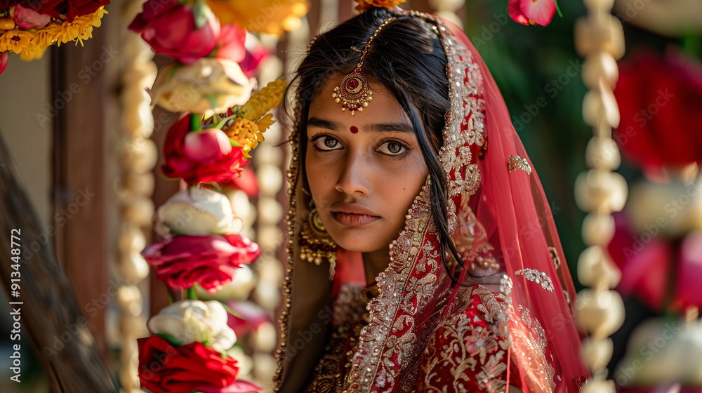 Sticker Indian woman in a traditional lehenga, standing at the entrance of a decorated home for a festiva