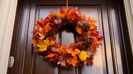 A vibrant autumn wreath adorned with colorful leaves and pinecones, perfect for seasonal home decor and festive occasions.