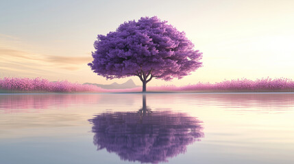 3d render of purple tree with reflection on water, in front view, centered symmetrical composition, on the background there is a landscape full of pink flowers, ultra realistic, high resolution, high 