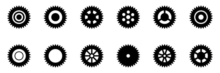 Black gear icon set. Machine sprocket gear icons. Flat design. Vector cogwheel sign symbol on a white background.