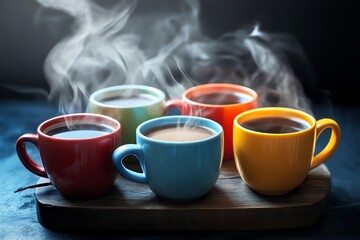 A vibrant display of colorful mugs with steaming hot beverages, inviting warmth and comfort in a cozy setting.