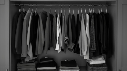 a minimalist wardrobe, monochrome clothes, perfect organization