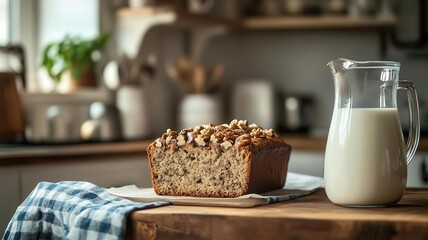 Banana bread with walnuts and a jug of milk on a rustic kitchen counter,  banana bread with walnuts ,  comfort food