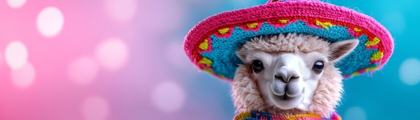 Fototapeta premium A charming llama wearing a colorful sombrero against a vibrant background, symbolizing joy and celebration.