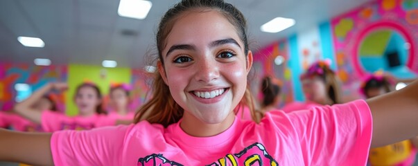 A joyful young girl in a bright pink shirt, smiling and posing with enthusiasm in a colorful dance studio environment.