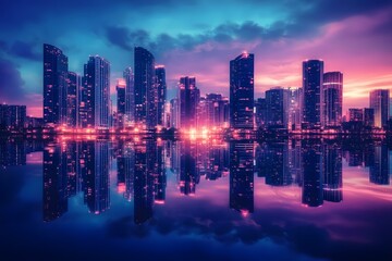Obraz premium Cityscape at the blue hour, featuring high-rise buildings with their lights reflecting on a tranquil lake