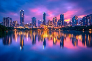 Obraz premium Cityscape at the blue hour, featuring high-rise buildings with their lights reflecting on a tranquil lake
