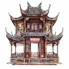 Fototapeta premium Watercolor painting of a Chinese tea house with ornate wooden carvings, on isolated white background