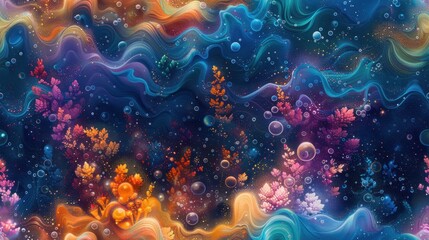 Abstract Dreamscape with Wavy Patterns and Bubbles