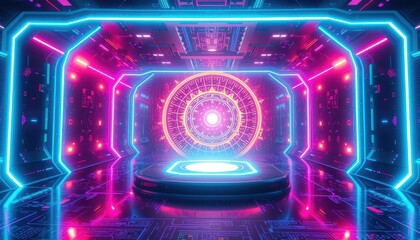 Futuristic Sci-Fi Room With Glowing Neon Lights and a Circular Portal.
