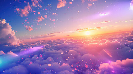 Fototapeta premium a hyper-realistic rainbow sunrise above clouds with rainbow purple fairy dust scattered around