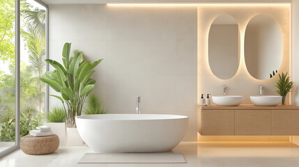 Fototapeta premium A stylish bathroom in a modern house with 2000s influences, featuring a filled bathtub, recessed lighting, vessel sinks, and a blend of warm and cool tones, no people.