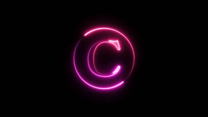 Bright neon letter, alphabet font icon illustration on black background.