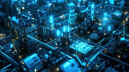 Fototapeta premium Security with AI smart surveillance at industrial factory and compound, blue highlighted Ai Security, AI generated for Ads