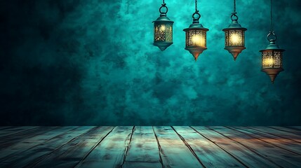 Islamic podium product display with lantern, wooden floor