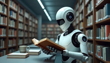 Fototapeta premium Robot Reading in a Library.