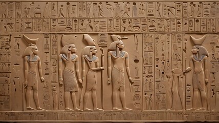 Detailed and intricate ancient Egyptian wall carving. The layout features a horizontal arrangement...