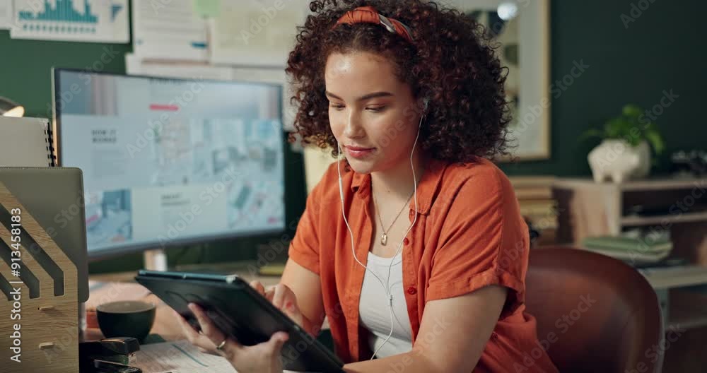 Poster Earphones, tablet and woman in office for web design with user interface, online site and programming. Developer, creative agency and person with music on digital tech for website, template and ideas