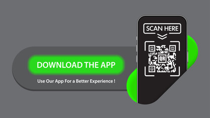 Download The App Now with QR code and Smartphone. Promotional Stickers, cover, label, and banner. Simple UI Design. Vector.
