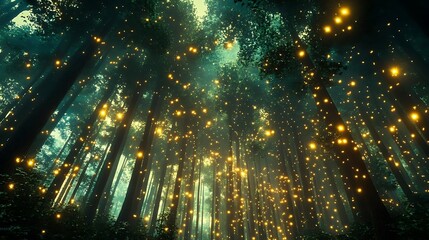 Enchanted Forest with Glowing Fireflies - 3D Illustration