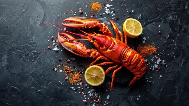 A vibrant lobster rests on a dark stone surface, surrounded by lemon slices and colorful spices, ready for a gourmet meal.