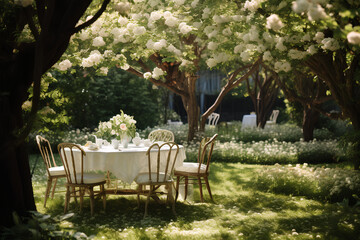 a set of tables and chairs under a tree with shady white flowers