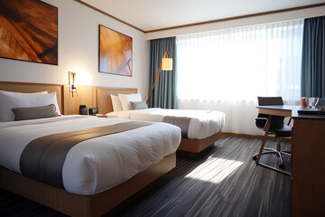 A standard hotel room with two beds