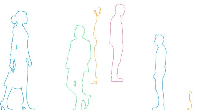 People silhouettes. Thin line draw. Diverse crowd. Community, society, different personalities and cultures make population. Multicultural, international rights concept. Right to be different.