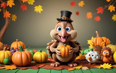 Naklejka premium Thanksgiving Turkey holding a pumpkin.