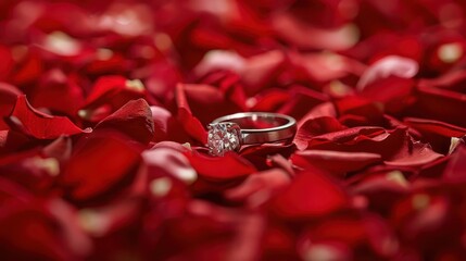 A beautiful silver ring with diamond rests delicately among vibrant red rose petals