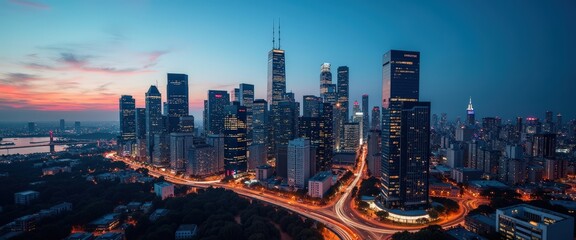 Fototapeta premium Cityscape at Sunset with Light Trails.