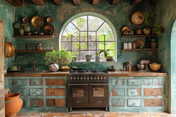 Obraz premium Contemporary green kitchen with bar counter, stove, and scenic window view in modern apartment