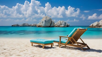 Fototapeta premium Beach scene blue sky with long sand floor, magical and splendid beach with crystal clear turquoise water