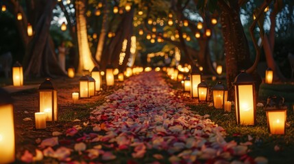 A beautifully lit pathway lined with lanterns and rose petals creates a magical atmosphere for a special event