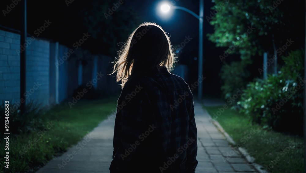 Wall mural silhouette of a woman in a light with low light in the street. young woman walking alone in snowy and windy city streets on a winter night.