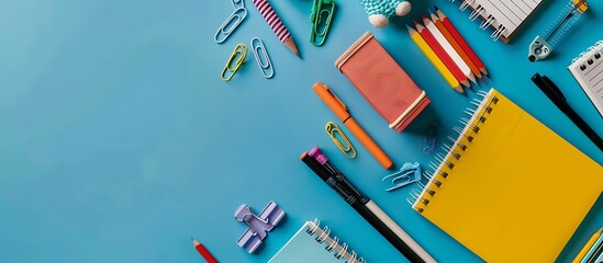 Aerial photo of assorted school supplies on a blue backdrop, clean sharp focus, soft shadows, space for copy.