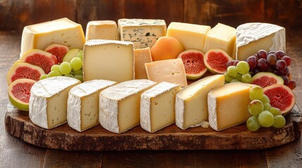 Gourmet Cheese Platter with Variety of Cheeses, Grapes, Figs, and Bread on Rustic Wooden Board Perfect for Elegant Entertaining
