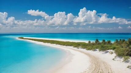 Beach scene blue sky with long sand floor, magical and splendid beach with crystal clear turquoise water

