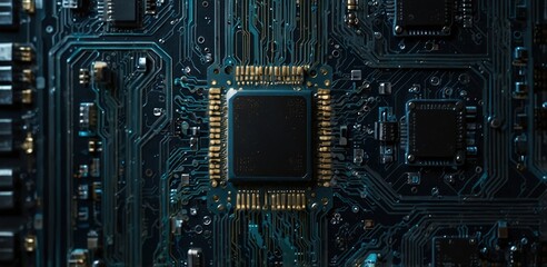 Abstract AI circuit board background. Technology connected blue lines with electronics elements on tech bg. Computer motherboard with a chip, processor, and semiconductor