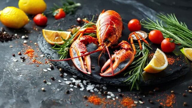 A vibrant lobster is presented with lemon slices, cherry tomatoes, and herbs on a dark stone backdrop, highlighting a gourmet seafood experience.