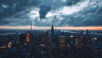 A magnificent view of the city skyline in the evening, with flashing lights and thick clouds.