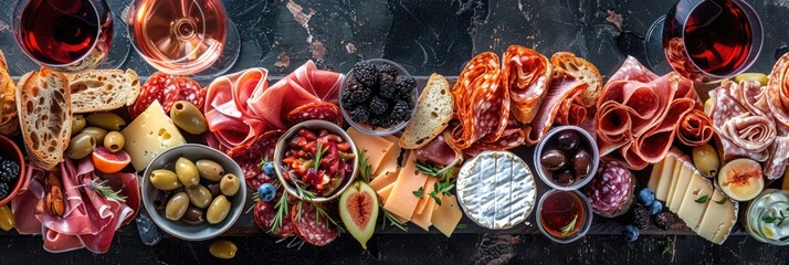 Charcuterie and Cheese Platter with Wine Olives and Appetizers Overhead View Selection of Sandwiches Jamon Blue Cheese Glasses of Rose and Red Wine on a Stylish Display Tasty Mediterranean