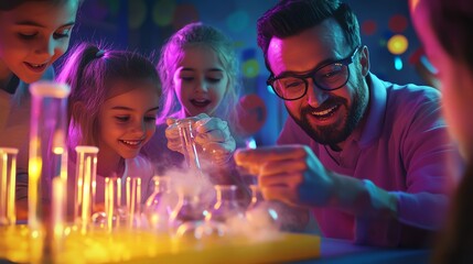 A lively science class with enthusiastic children and a smiling teacher experimenting with colorful test tubes and smoke.