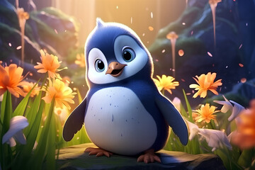 Adorable penguin with butterfly, have a journey in a champak flower garden, aesthetic, cartoon style, anime art, animal