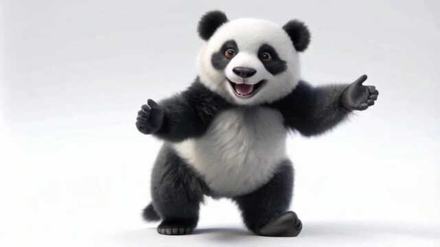 A Clean White Background, Close-Up of a Cheerful Panda Dancing Amusingly, Cheerfully, and Fervently