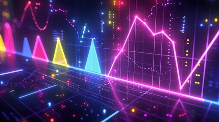 Abstract depiction of financial graphs and charts in neon colors