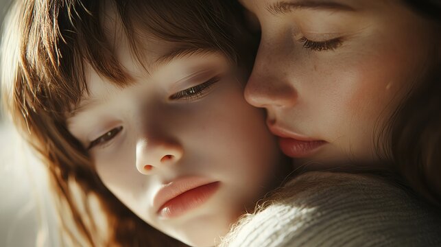Tender moment between a woman and child, sharing a close, intimate embrace, showcasing love and connection in natural light.